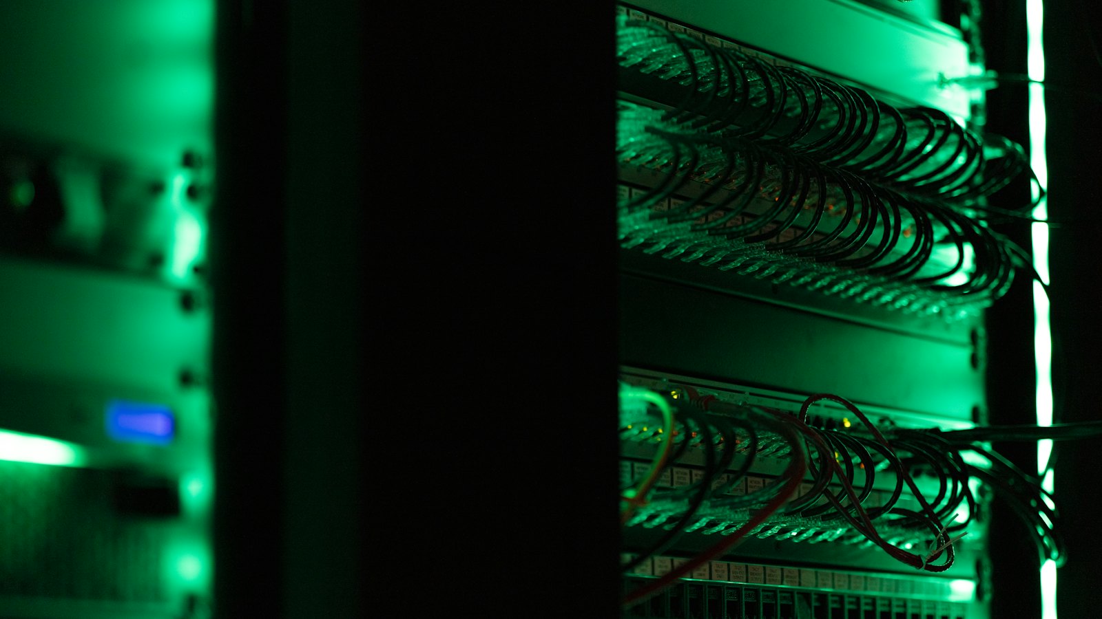 Server rack with patch cables lit green in a dark room